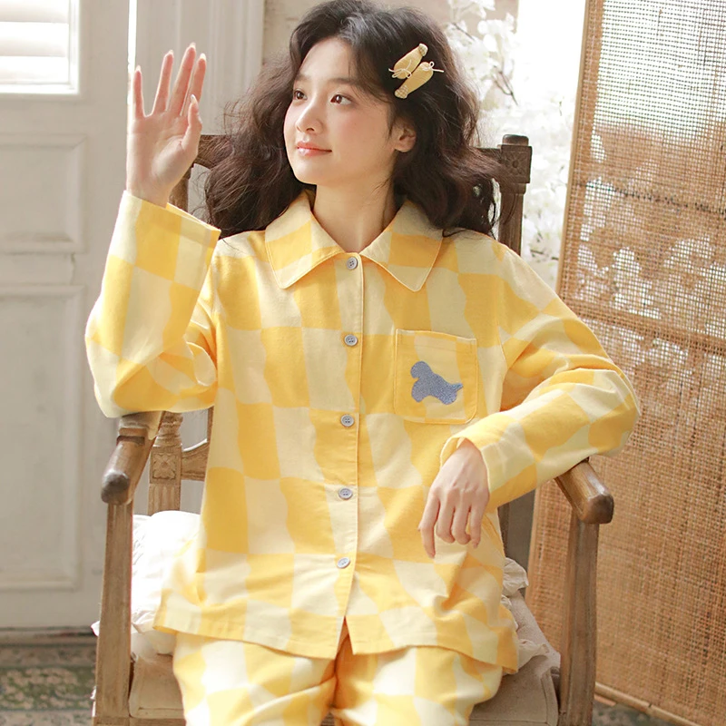 大码睡衣秋冬全棉磨毛新款翻领家居服卡通口袋刺绣女士薄款套装