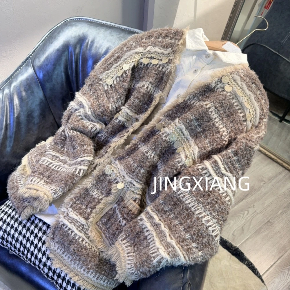 AOSER慵懒风复古重工拼接亮片开衫长袖厚款女装毛衣外套2608