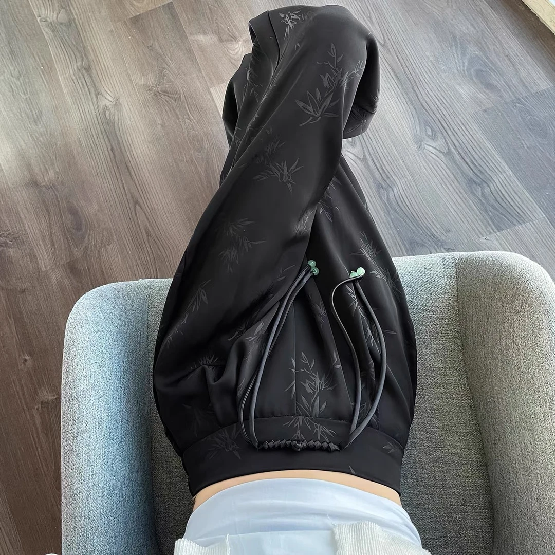 醋酸缎面新中式国风提花冰丝阔腿裤女夏季2025新款高腰显瘦直筒裤