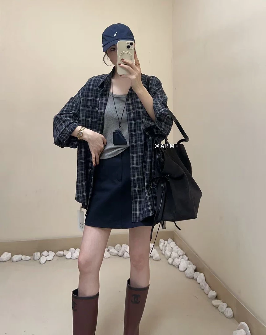 ［姑妈家］高货新款格子衬衫两件套时尚百搭2257