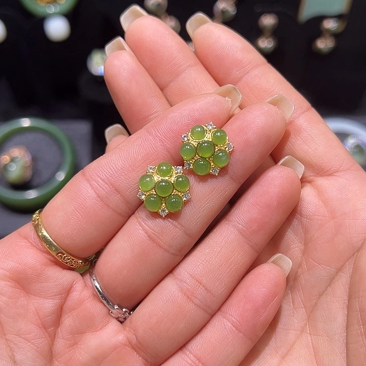 和田玉银S925镶嵌耳饰