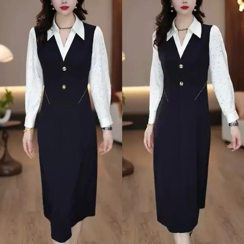 【衣雅严选】8101-1493#新款高定桑丝缎拼接软精纺假两件连衣裙