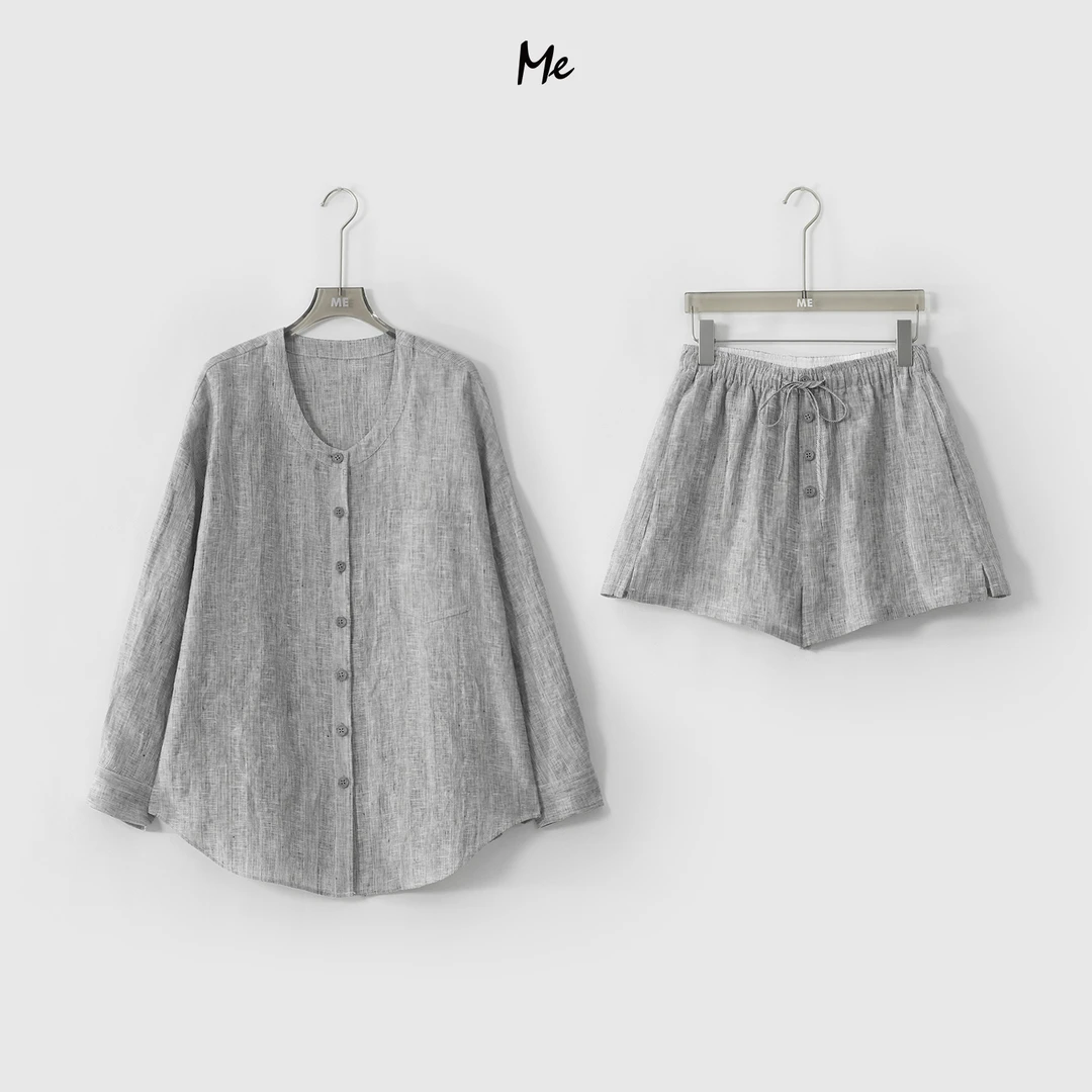 ME【罗曼尼】100亚麻透气显瘦巨遮肉松弛老钱一手长套装MESS4777