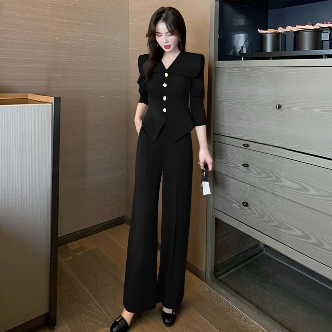 A【两件套】流行穿搭一整套黑色阔腿裤套装女大方得体两件套D3488