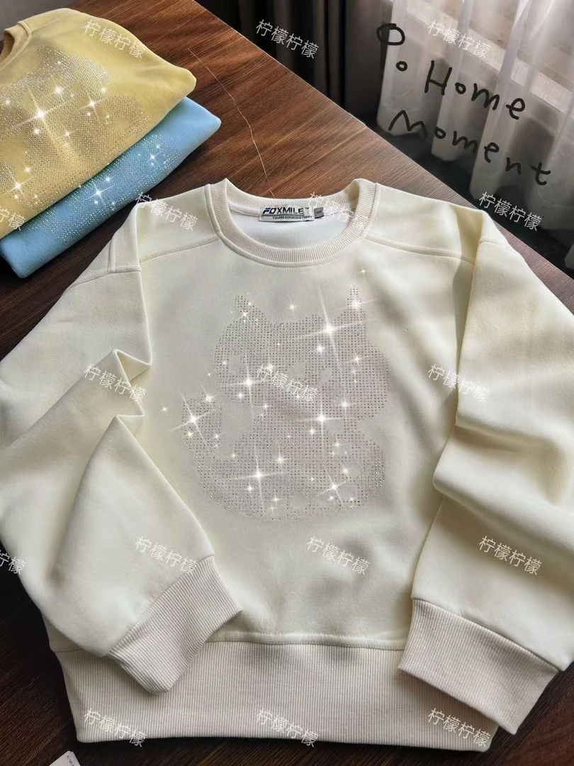 小狐狸25秋季新款圆领卫衣春秋加厚长袖落肩短款宽松米色无帽上衣