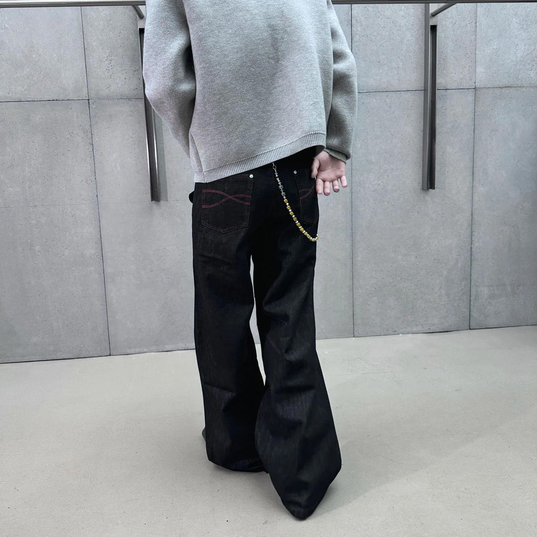 K12 25红刃原牛 A字阔版牛仔裤 宽松百搭拖地裤 cleanfit红线黑牛