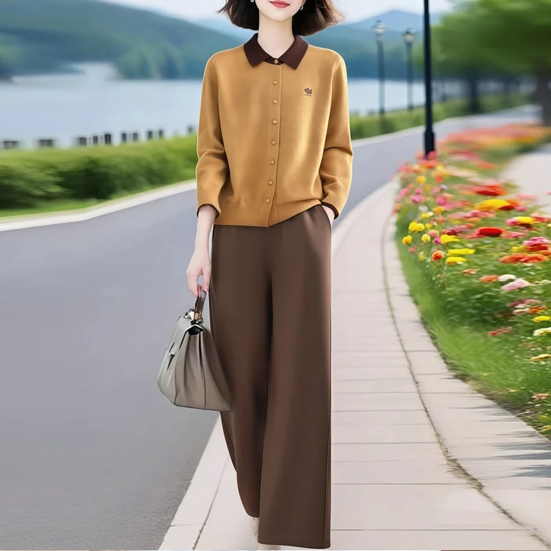 2025秋季新款秋季洋气时尚翻领针织衫搭直筒裤两件套装女士