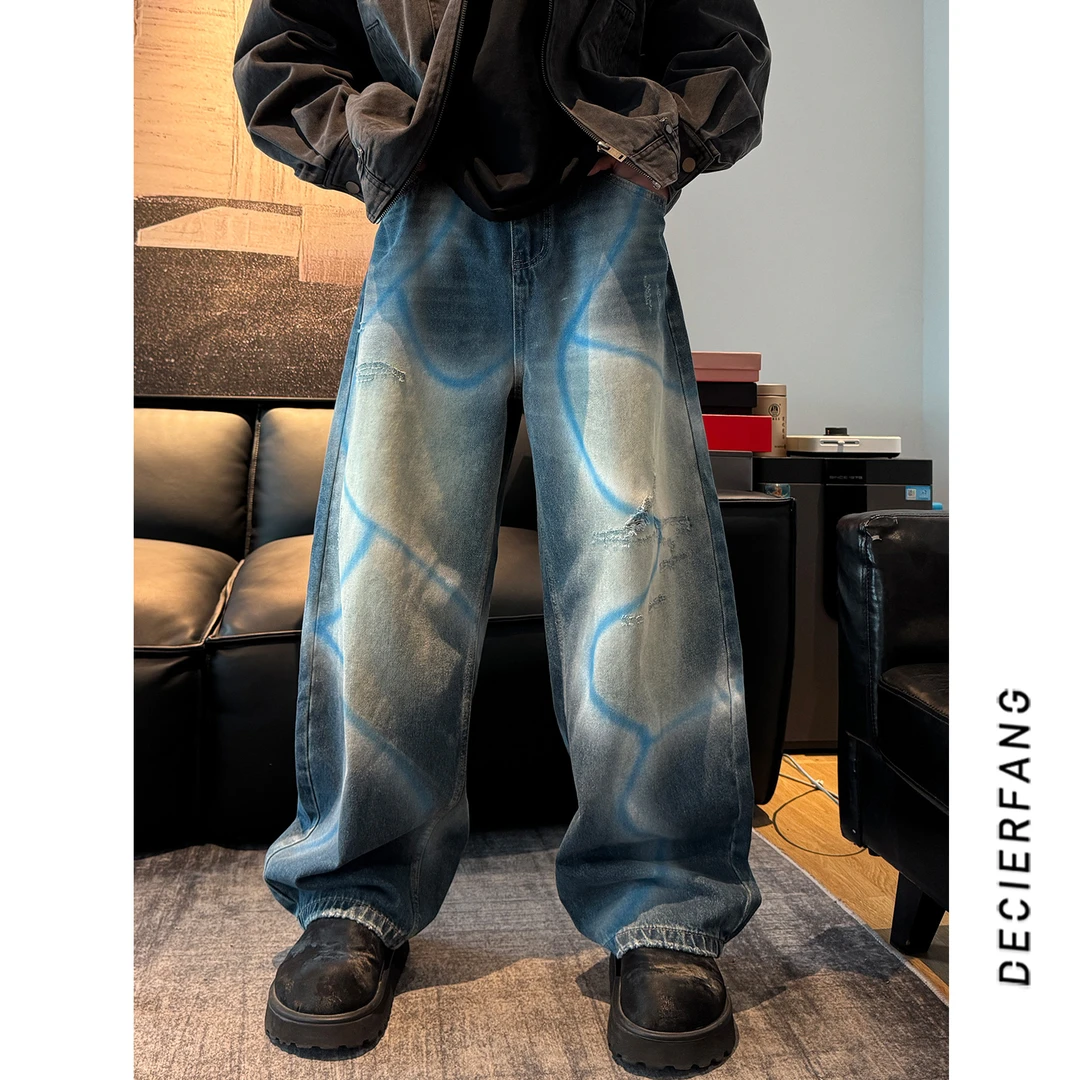 【扎染渐变  磨破设计】水洗做旧个性牛仔裤25早春新款美式长裤