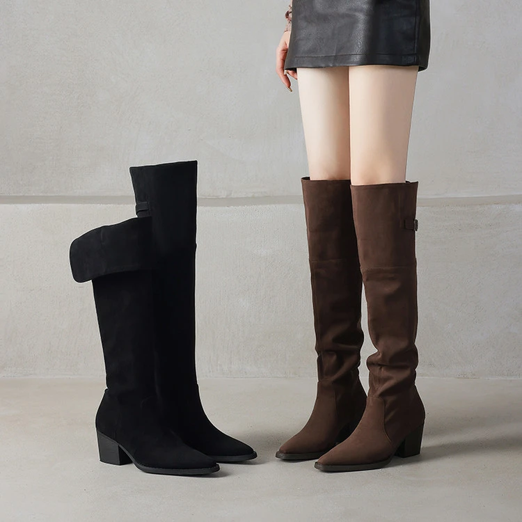6.5cm 法式复古百搭粗跟弹力瘦瘦靴秋冬简约风时尚小个子过膝长靴