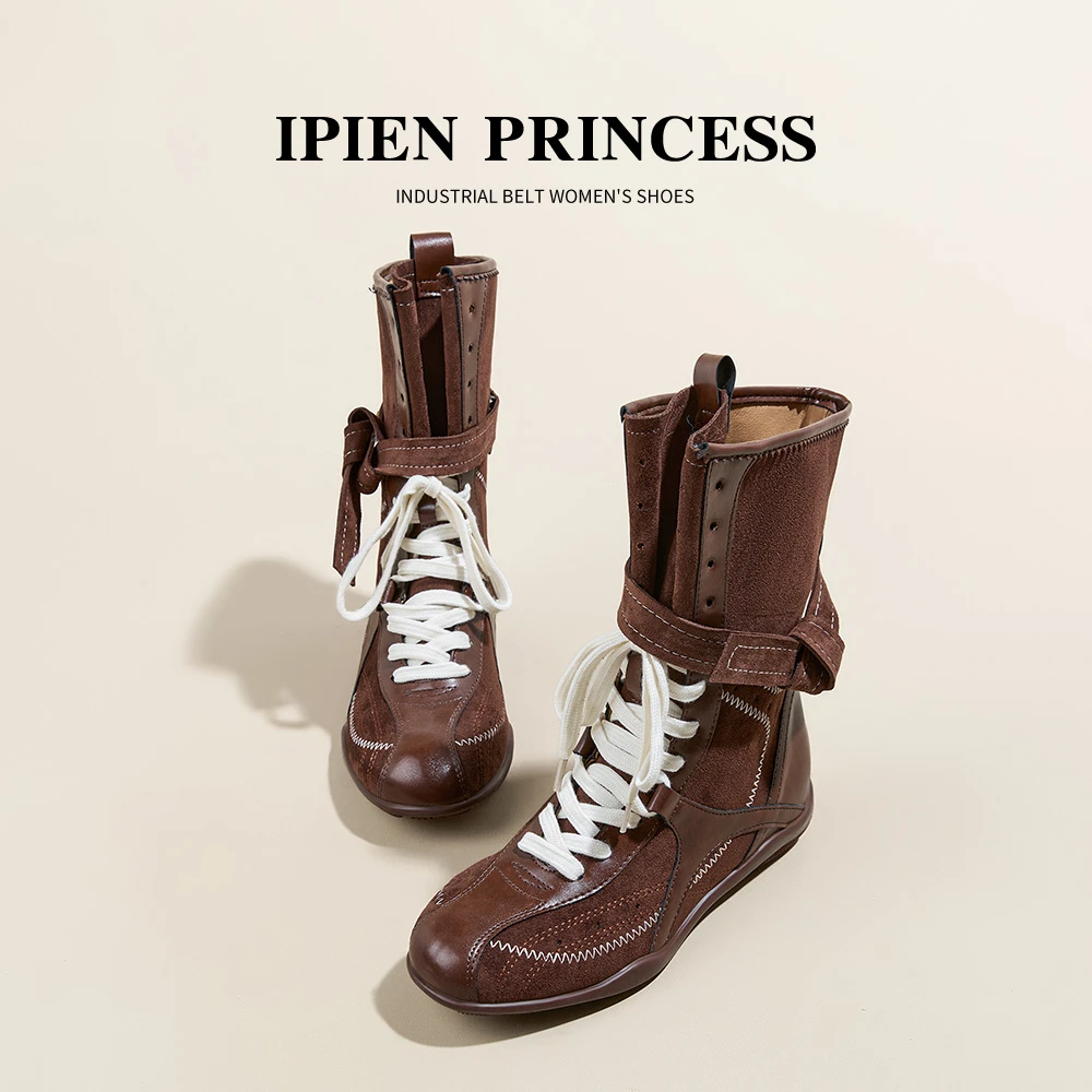 厚底内增高5cm美拉德复古拳击靴女2025秋冬新款圆头时尚高帮单靴