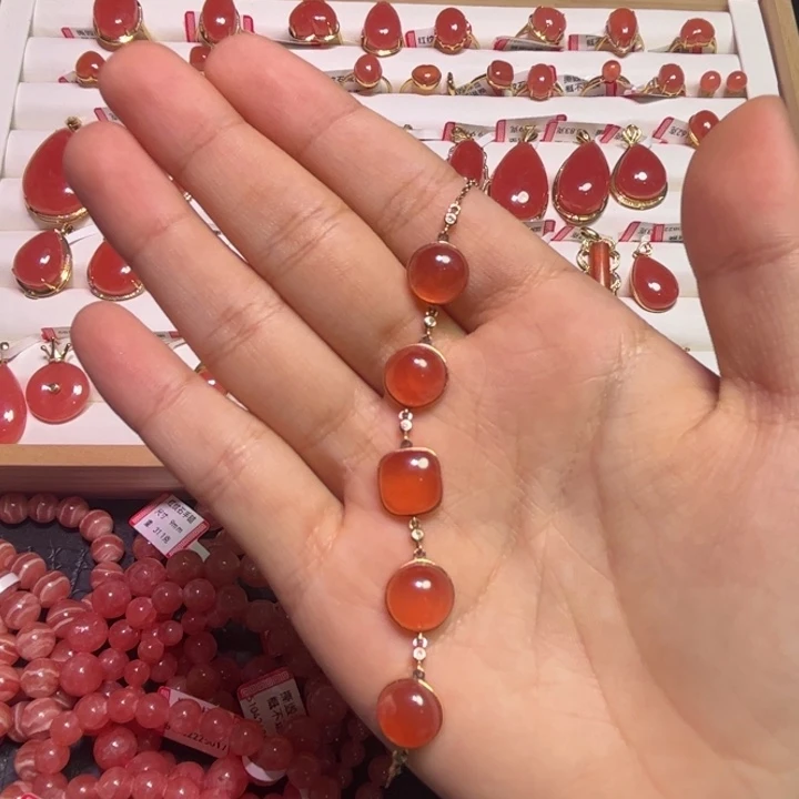 菱锰矿（红纹石）18K金镶嵌手链老矿高冰不规则手链