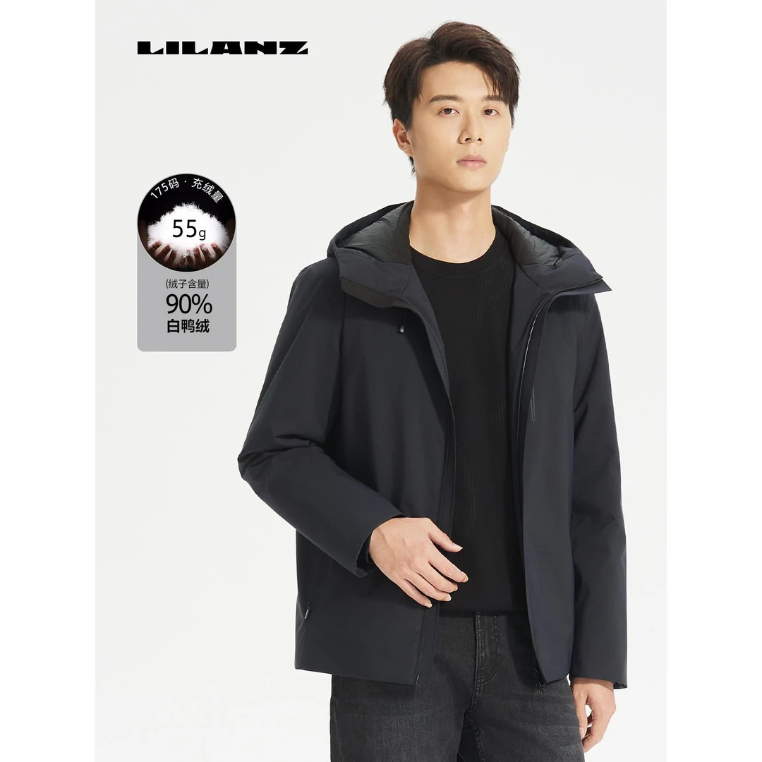 利郎男士时尚休闲连帽保暖冬季拒水羽绒中长款轻薄羽绒服24DBR206