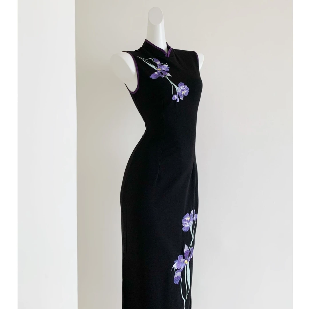 【兰妃娘2.0】东方美学国风紫色刺绣复古黑色显瘦修身港工女旗袍