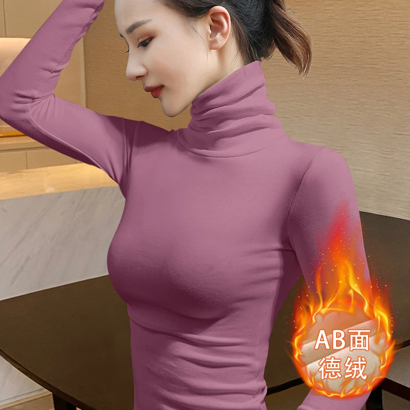 螺纹微弹加绒休闲堆堆领打底衫女士秋冬款上衣薄绒百搭内搭T恤潮