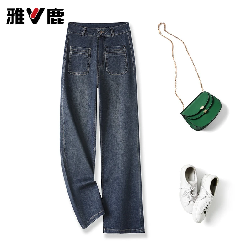 V/雅鹿美式复古蓝牛仔裤女2025秋季新款高腰显瘦小个子百搭直筒裤