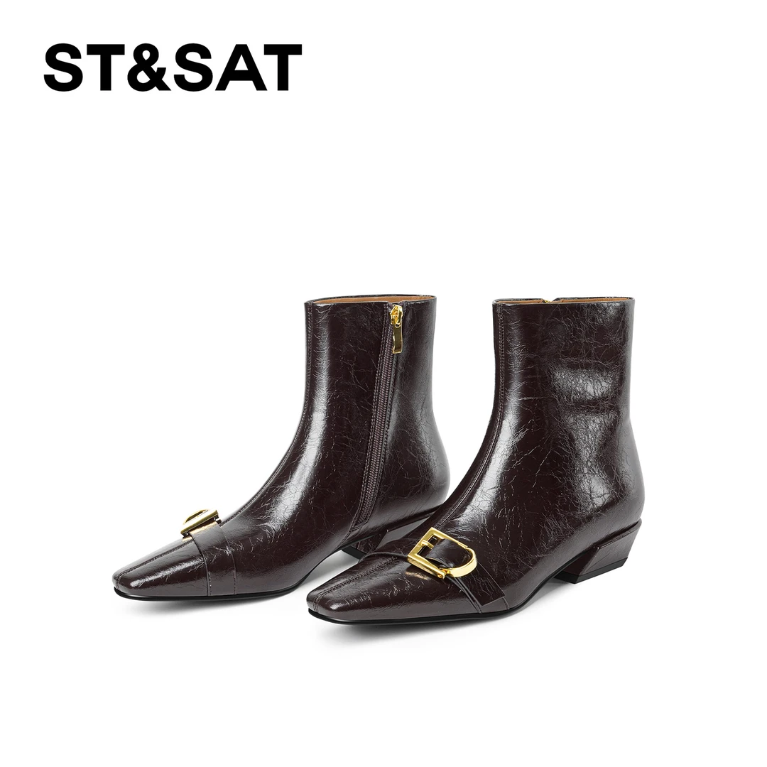 St&Sat/星期六轻职风方头百搭短靴粗跟时尚气质低跟复古时装靴