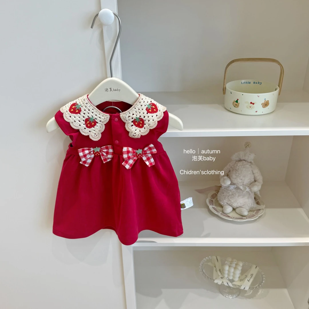 【泡芙baby】 女宝宝连衣裙2025夏季蝴蝶结红色草莓背心裙女童裙子