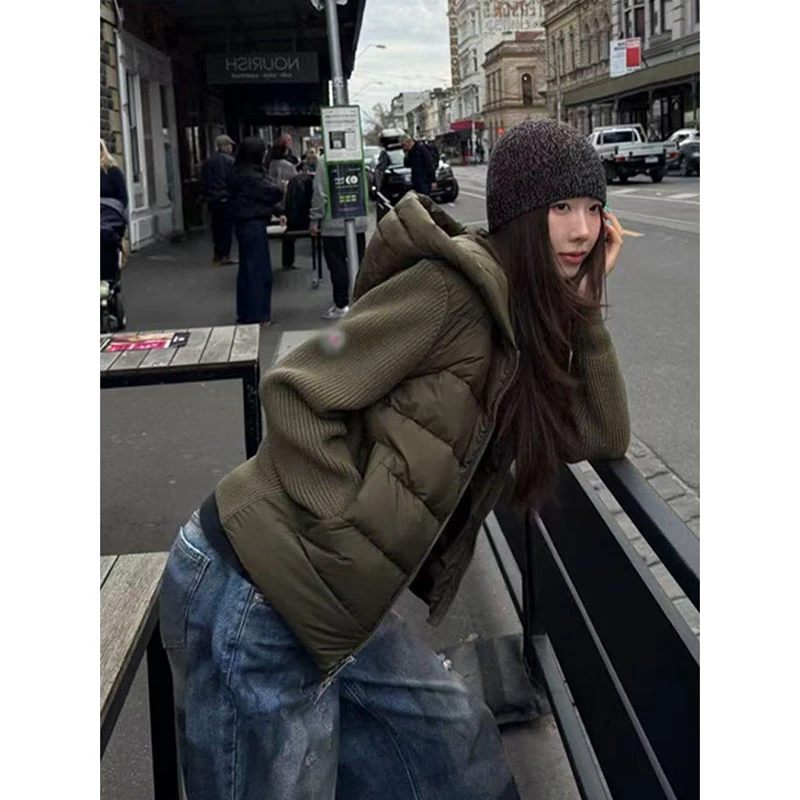 美式复古高街针织拼接棉服轻薄款2025冬季新款高级感连帽棉衣外套