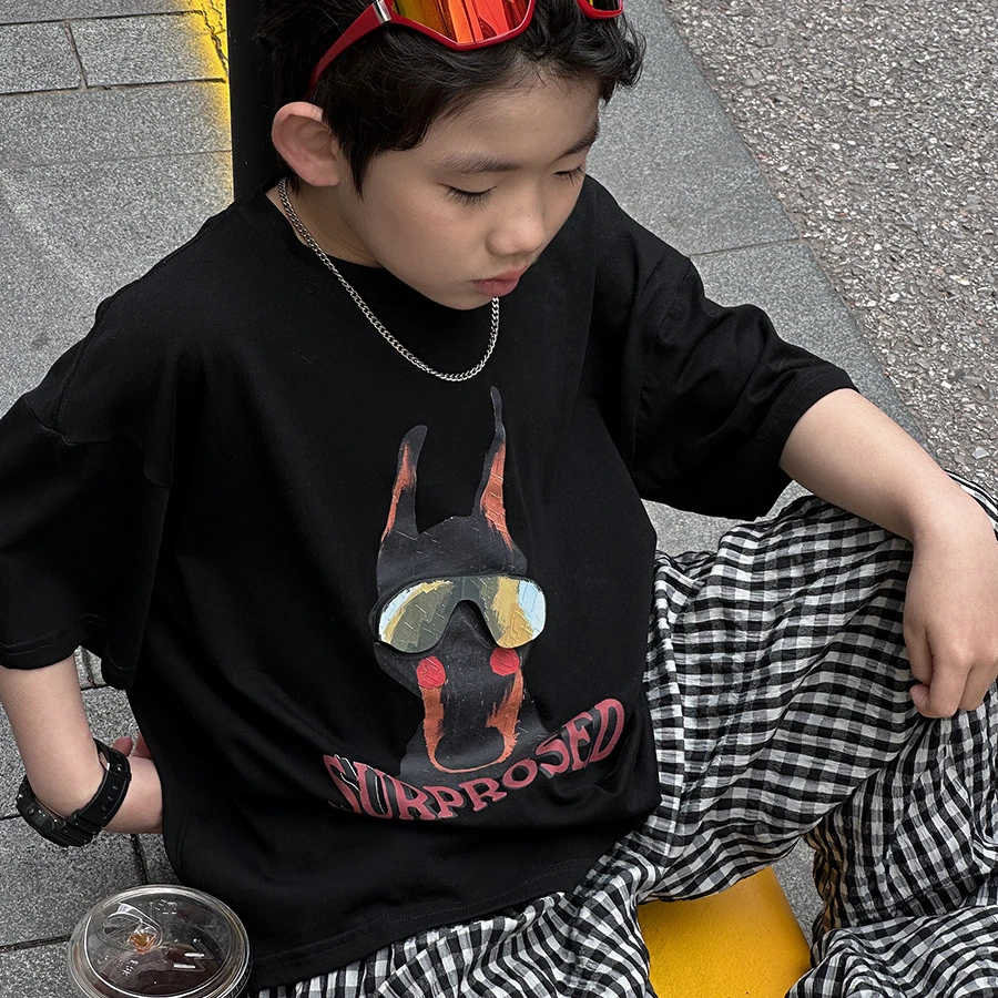 【版本答案】25年男女童夏杜宾卡通短袖T恤儿童装男孩半袖上衣潮流T