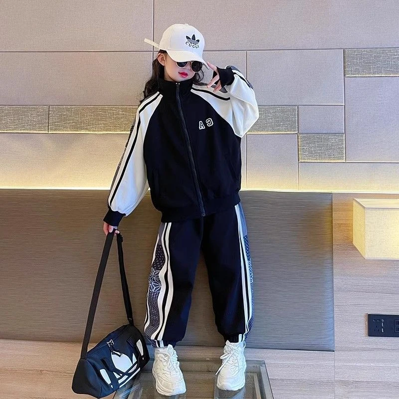 女童秋装拼色印花外套哈伦裤两件套2025新款中大童女孩运动套装潮