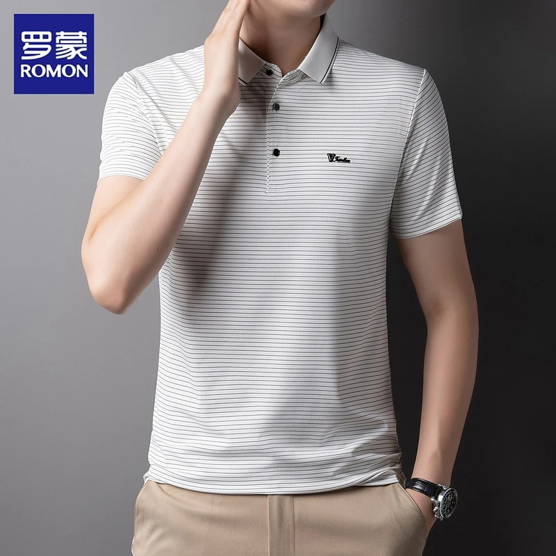 【冰丝透气】罗蒙t恤男士潮流2025夏季新款休闲条纹短袖Polo衫男装