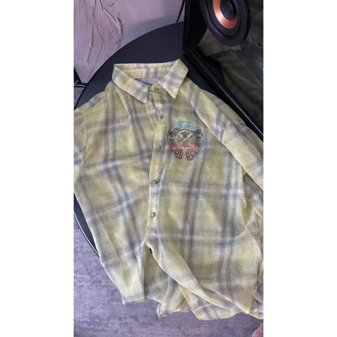 《An ni》【克】夏季新品时尚轻薄翻领格子长袖烫钻衬衫上衣Ani-C135