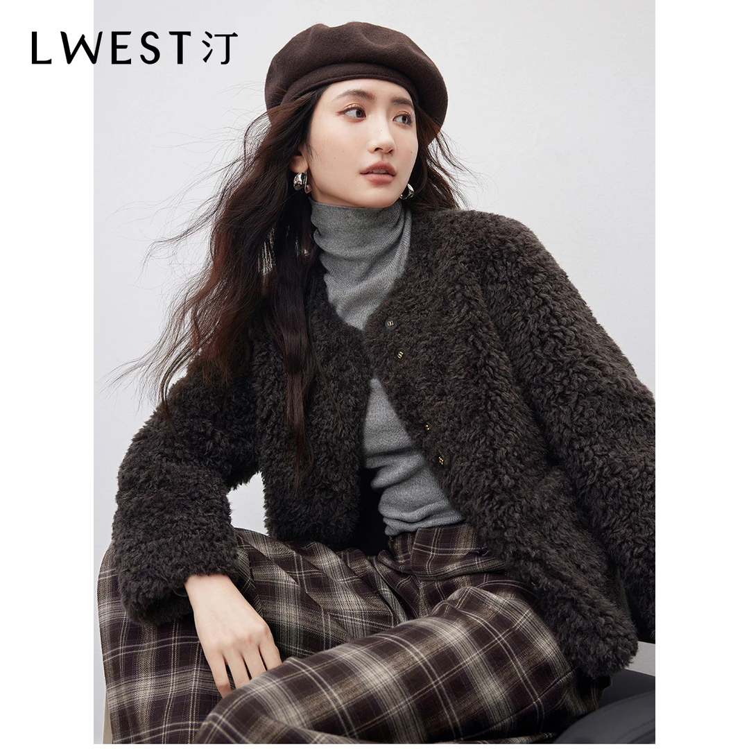 H朗文斯汀高级感毛毛外套女2025冬季新款优雅气质圆领仿皮草上衣