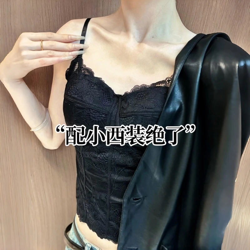 法式蕾丝吊带背心女秋冬季内搭保暖带胸垫性感美背可外穿打底上衣