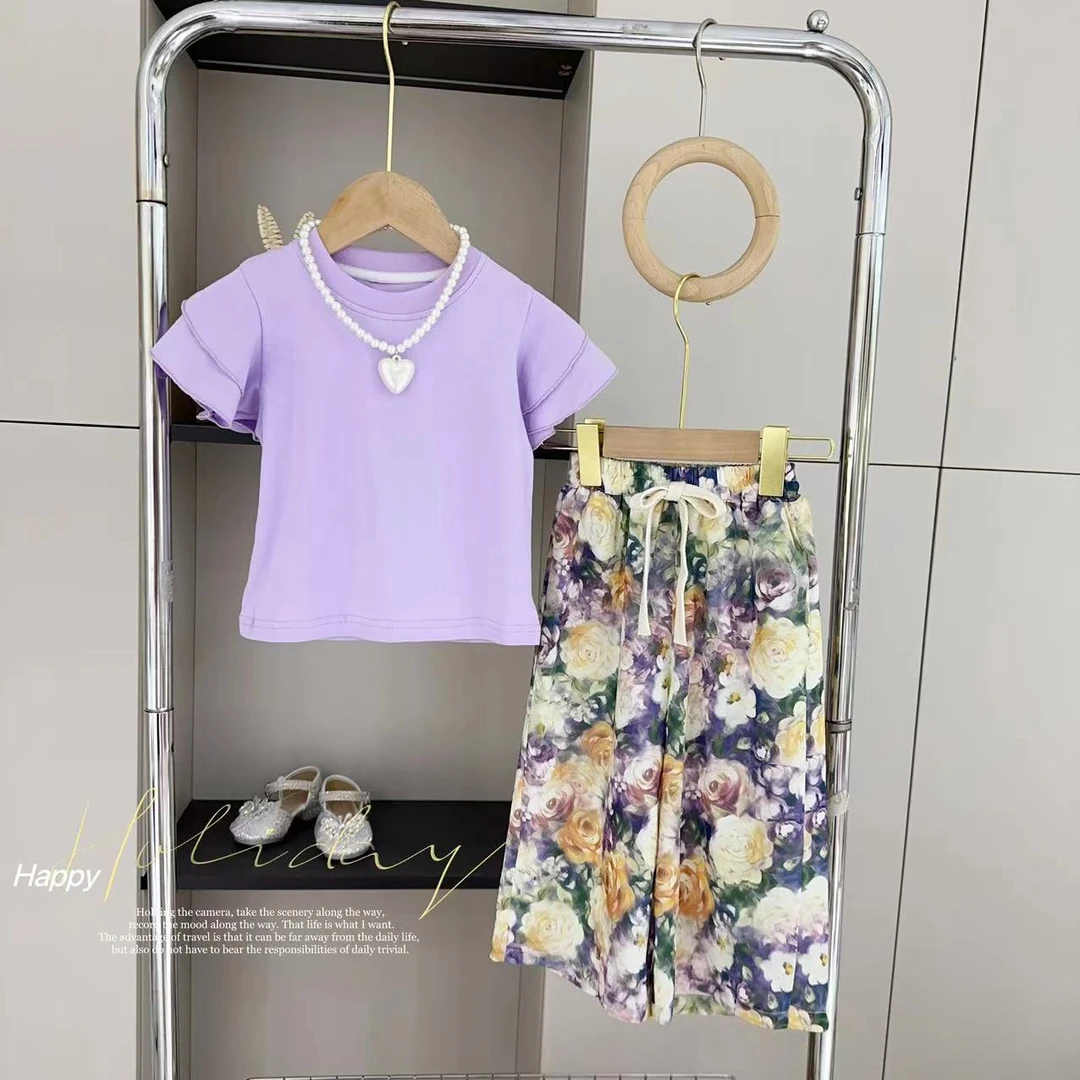 【浆果花园】汤圆家童装2025夏季韩系简约油画阔腿裤套装 YA-2127