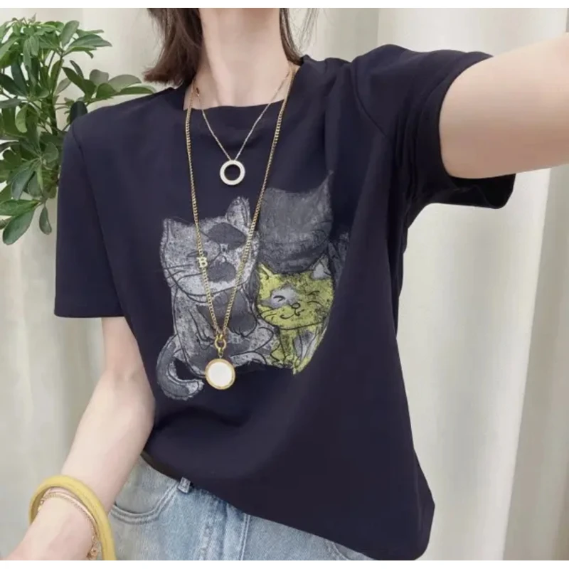 2025新款韩版百搭修身时尚女卡通猫咪圆领打底短袖T恤