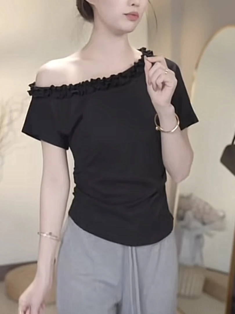 夏季韩系木耳边斜肩领口通勤抗起球T恤收腰设计纯欲百搭黑色T恤