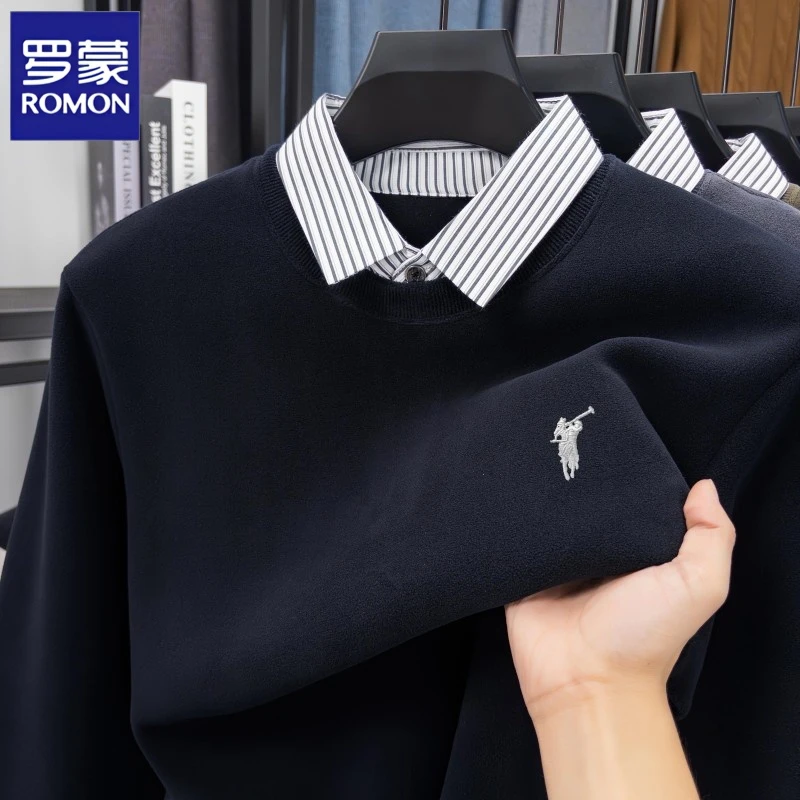 【高品质含绵羊毛】罗蒙男士加绒加厚假两件卫衣冬季保暖刺绣上衣潮