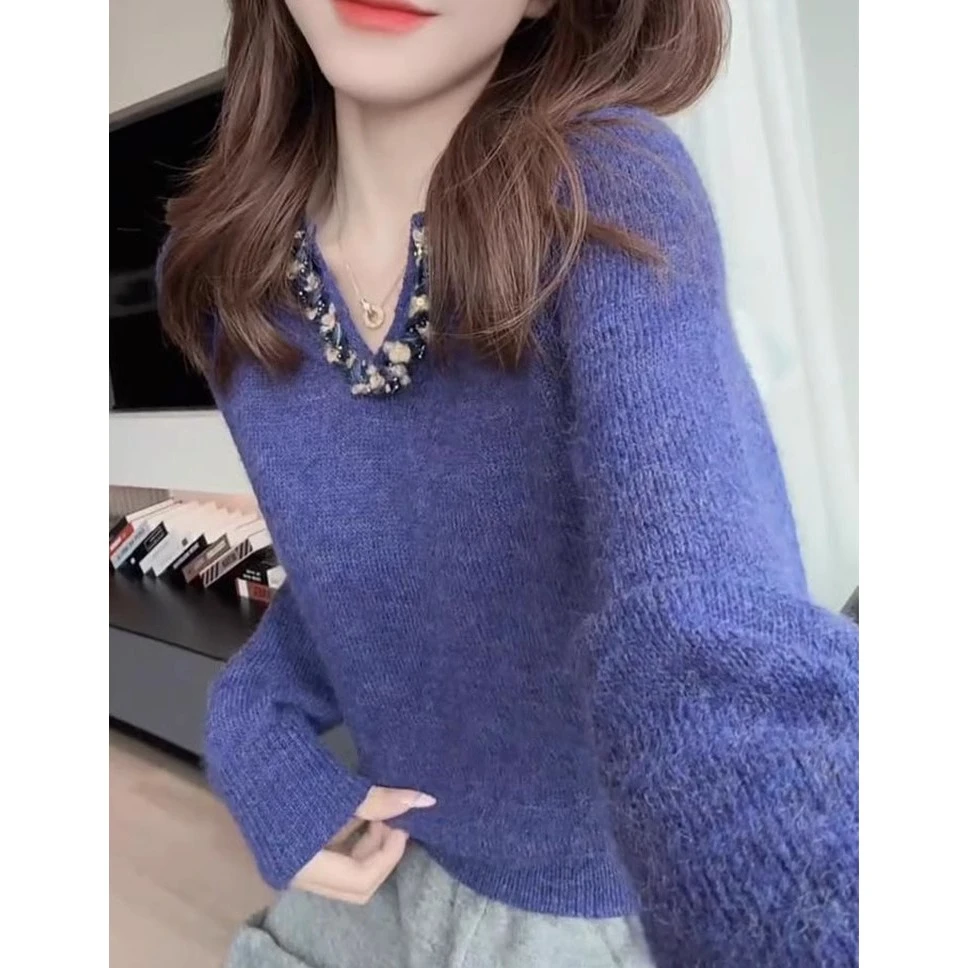 0875蓝色小香风复古套头针织衫女2025年新款气质重磅刺绣打底上衣
