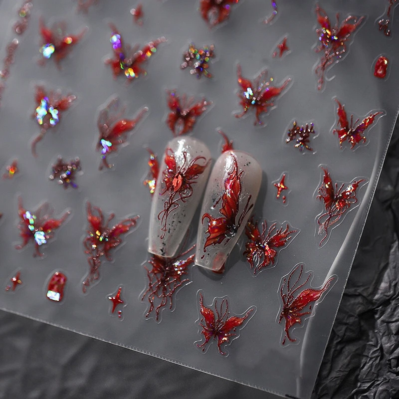 立体浮雕红色液态蝴蝶贴纸血色哥特风蝴蝶指甲贴纸草蜢打火机贴纸
