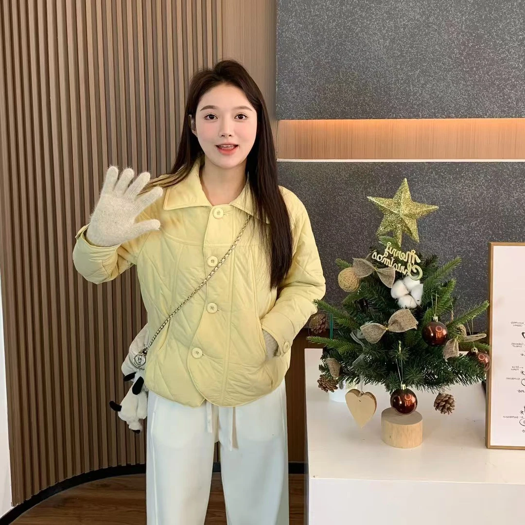 小羽酱小个子定制秋冬韩版休闲百搭减龄菱格短款翻领薄棉服上衣