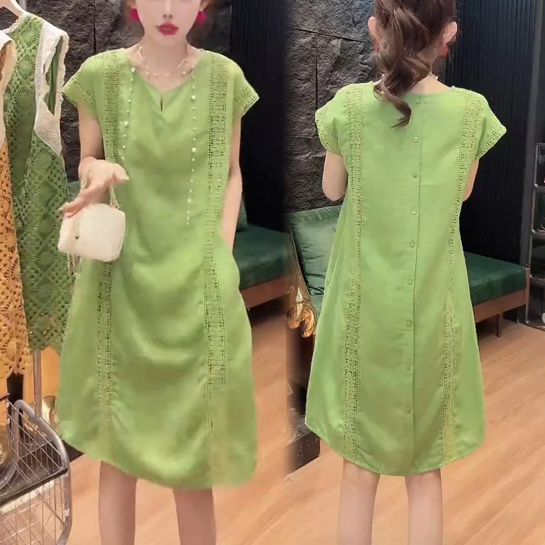 2025夏季新款小众显瘦圆领中长款连衣裙女时尚蕾丝拼接宽松显瘦裙