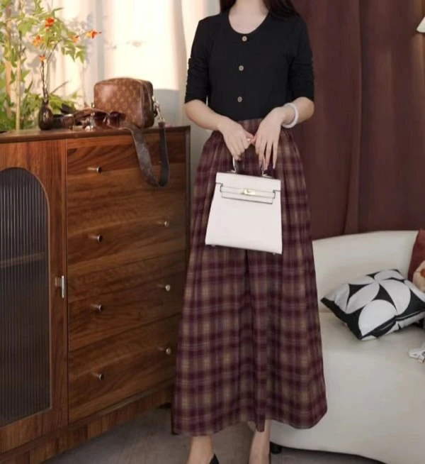 复古风格子半身裙2025秋冬季新款高腰显瘦a字裙长款百褶裙女