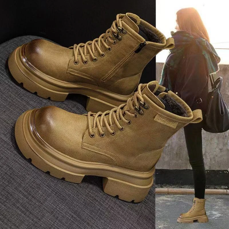 【万达撤柜】厚底黄色复古马丁靴女2025秋冬新款英伦风中筒大黄靴女