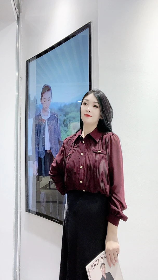 套头压褶翻领长袖休闲风衬衫上衣拼接百搭小衫显瘦气质