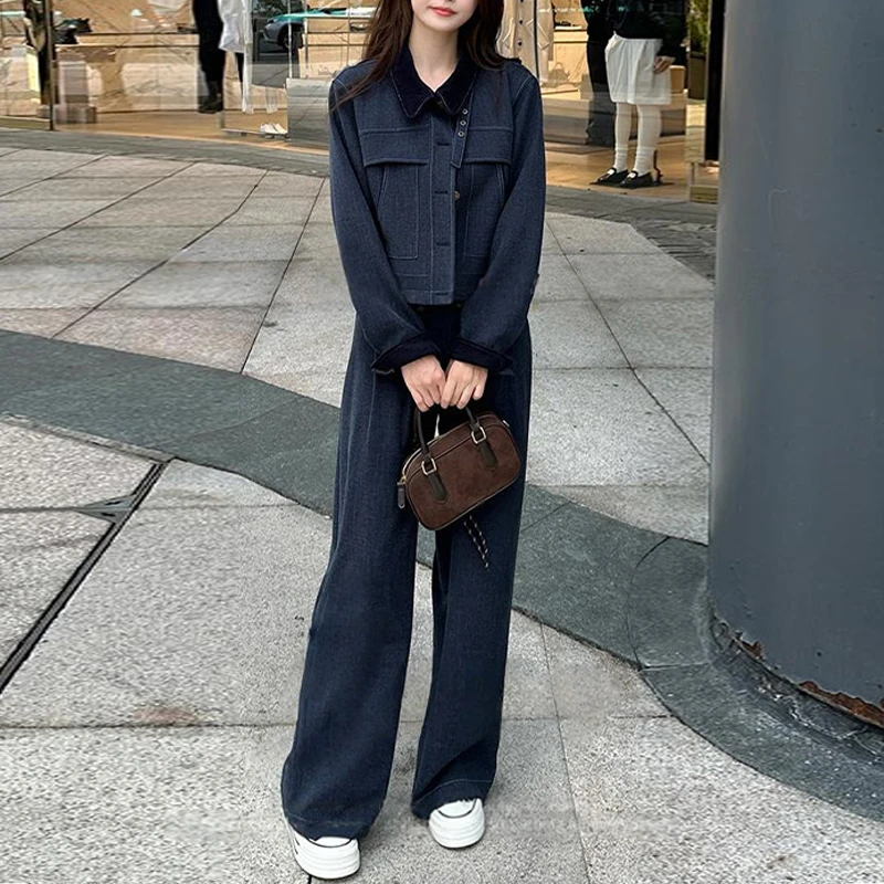 2025年早秋新款韩版时尚拼接短外套+直筒裤两件套女小众洋气套装