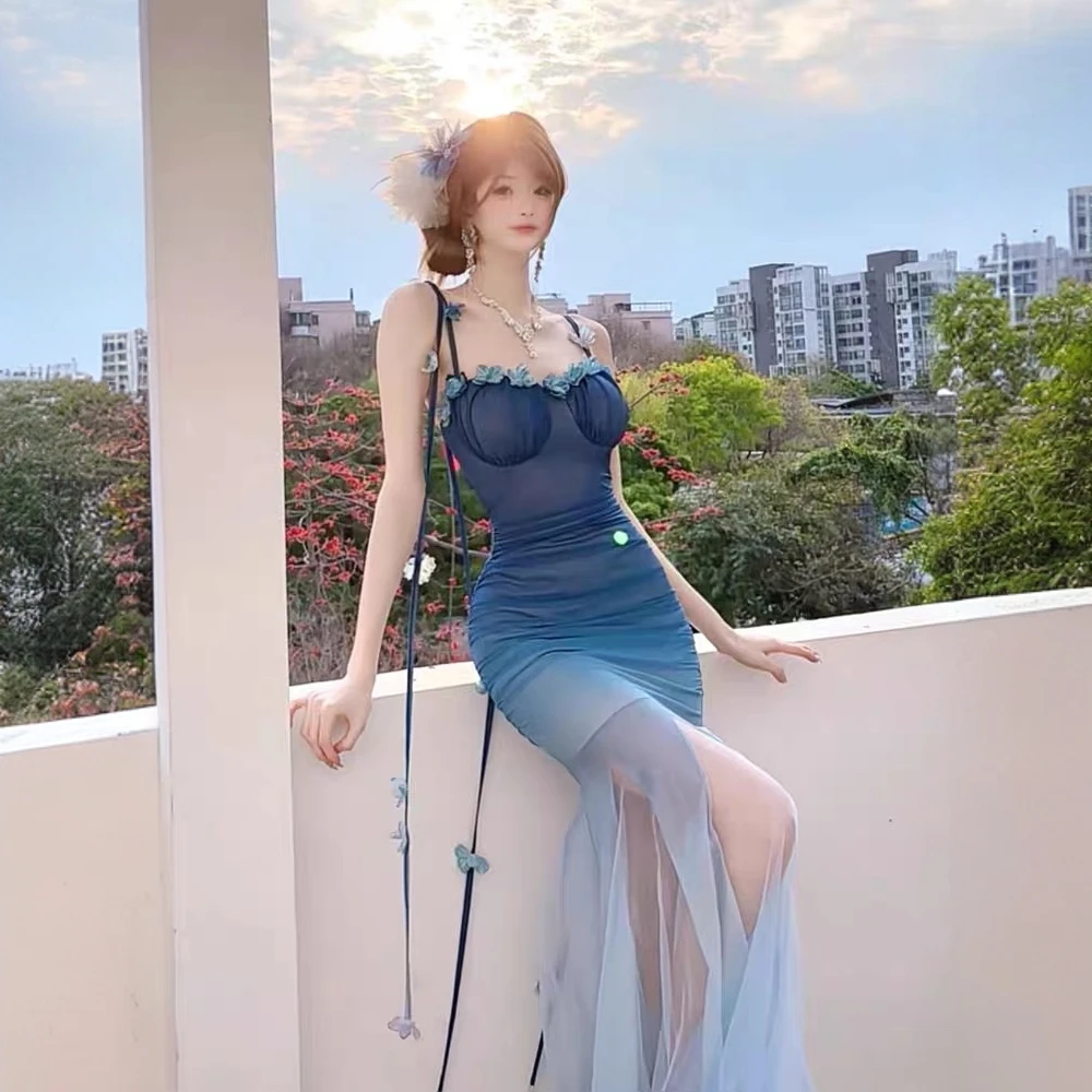 纯欲甜辣风网纱渐变连衣裙女夏修身显瘦辣妹气质包臀裙