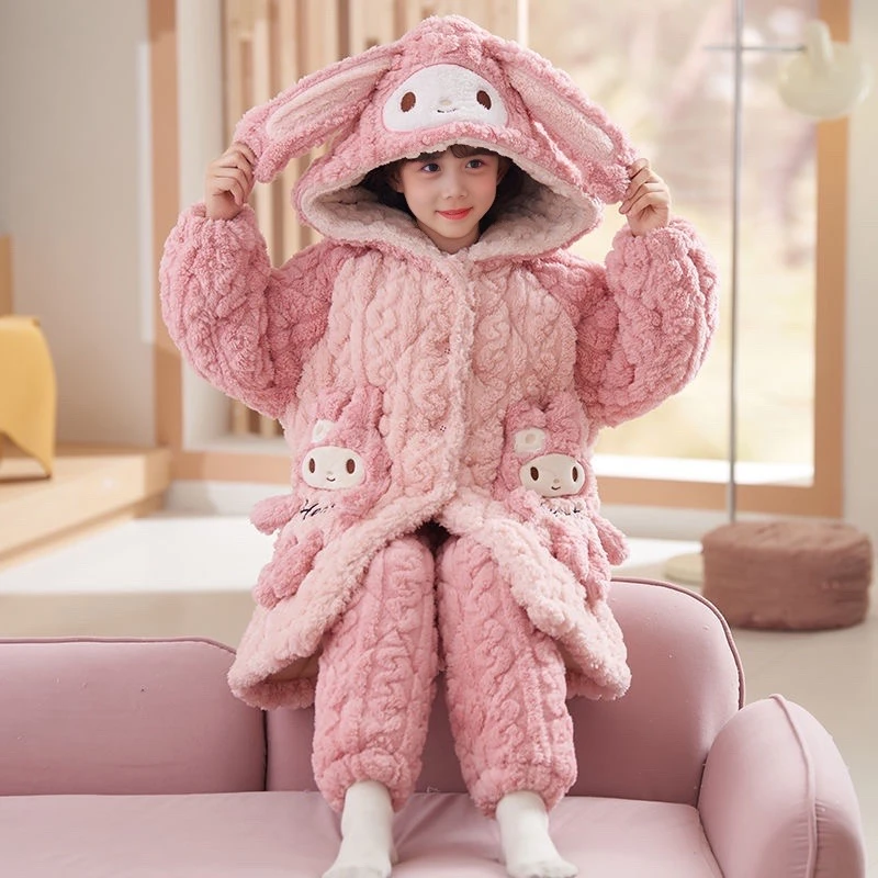 「一套过冬」三层夹棉加绒加厚中长款女童连帽冬款珊瑚绒宝宝冬睡衣