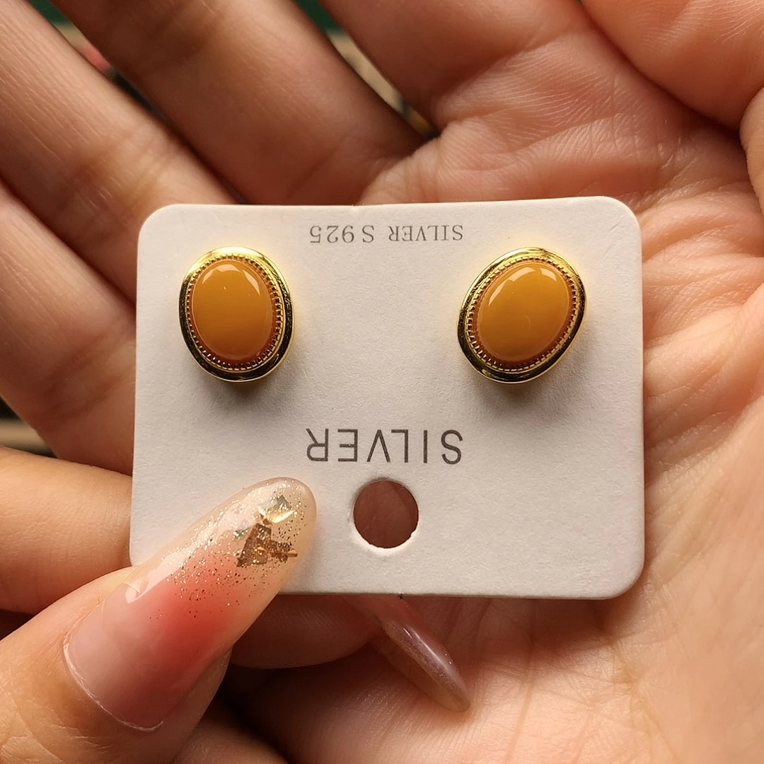 蜜蜡耳饰银S925镶嵌耳钉