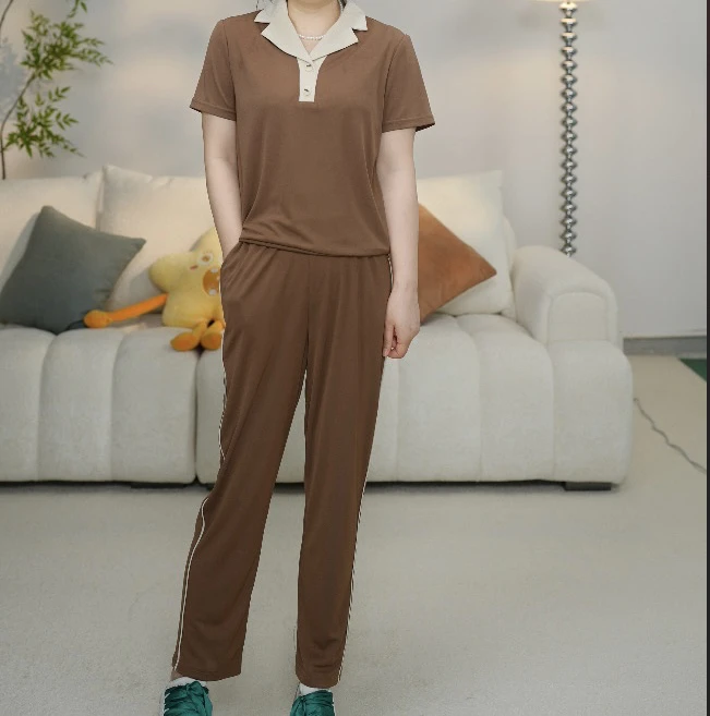 T1109短袖直筒型商务宽松蓝色翻领常规款女士中老年