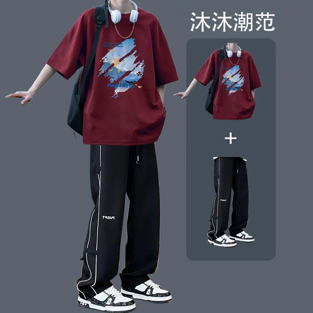 青少年运动套装男生夏季短袖T恤男装2025新款潮流帅气穿搭两件套