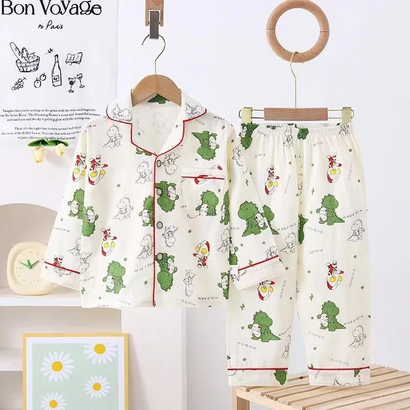 100%棉儿童纱布睡衣夏季薄款纯棉家居服男女童长袖卡通空调服套装