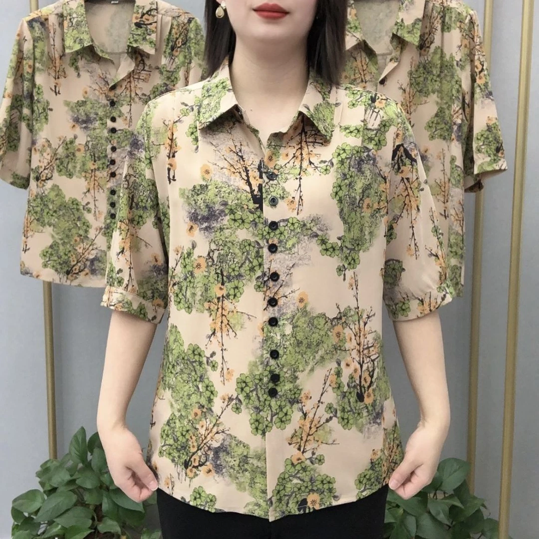 夏季新款高档春装中老年翻领妈妈衬衫洋气百搭宽松花色妈妈装夏季