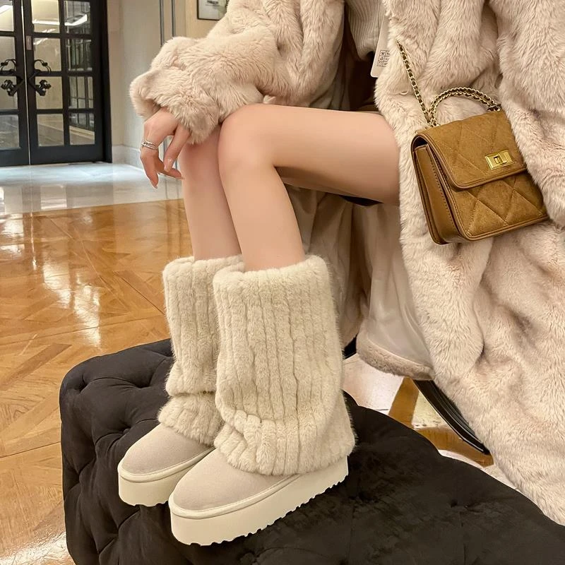 加厚棕色毛毛短筒雪地靴女2025新款零下加绒厚底短靴高筒保暖靴子