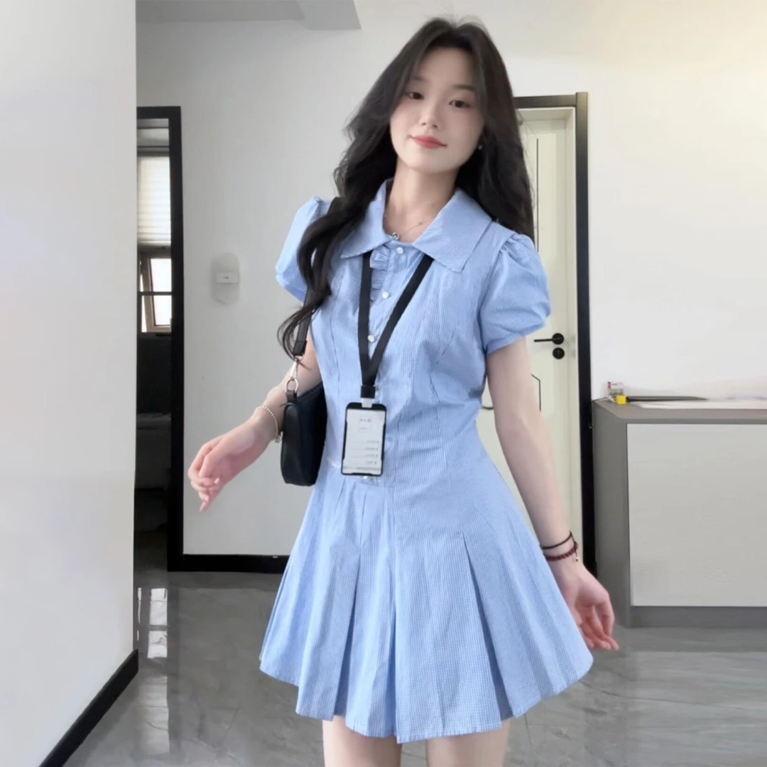 夏季穿搭学院风短袖蓝色衬衫连衣裙子女夏2025小个子百褶短裙4214