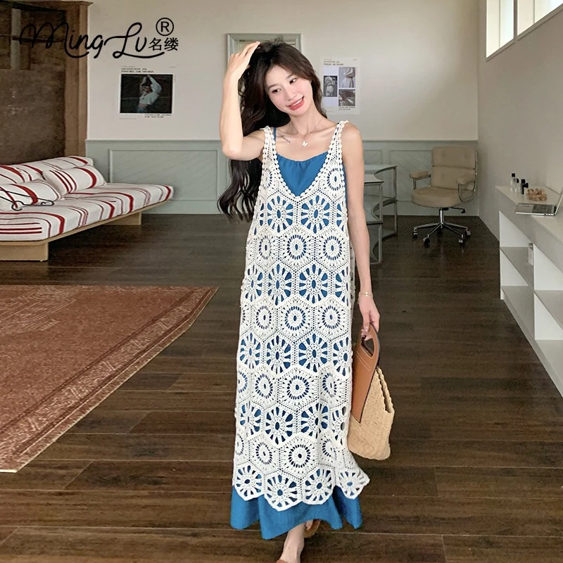 蓝色吊带连衣裙镂空罩衫两件套女夏2025超火独特绝美法式茶歇长裙